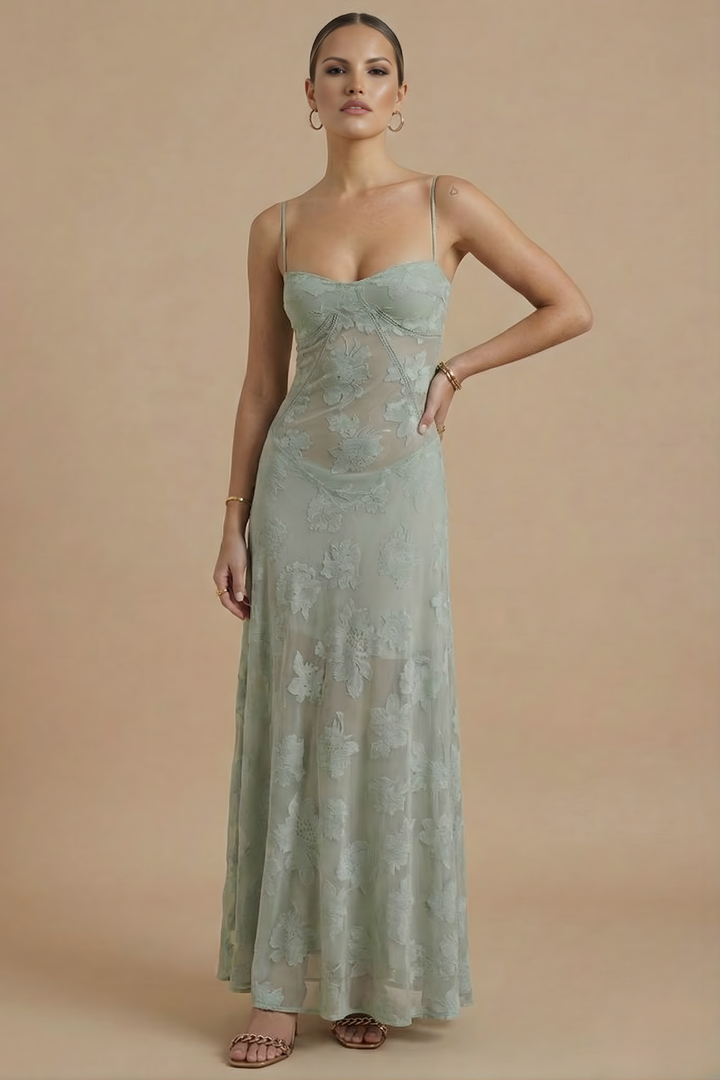Elegant Floral Maxi Dress with Spaghetti Straps and Fitted Bodice
