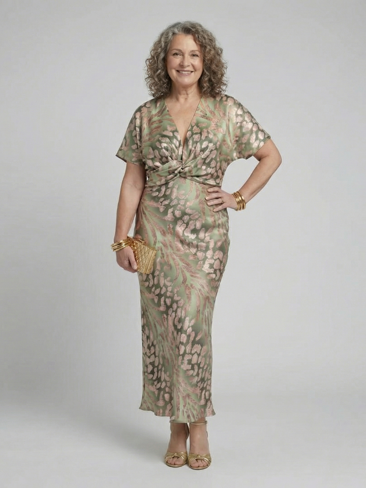 Ellis | Abstract Print V Neck Twist Waist Midi Dress