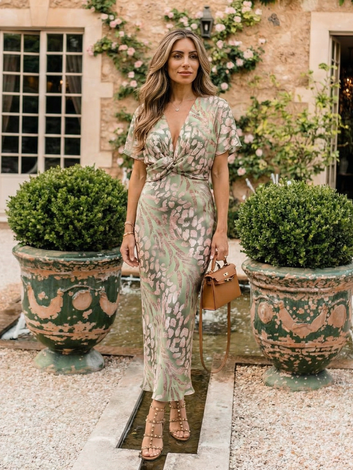 Ellis | Abstract Print V Neck Twist Waist Midi Dress