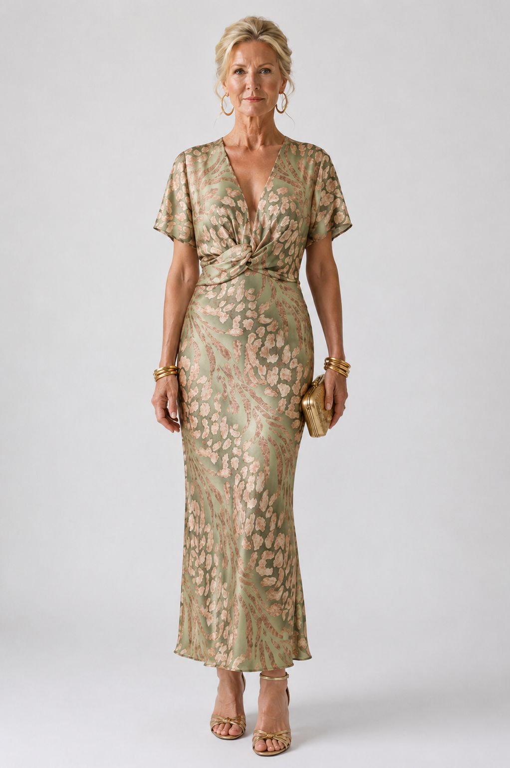 Ellis | Abstract Print V Neck Twist Waist Midi Dress