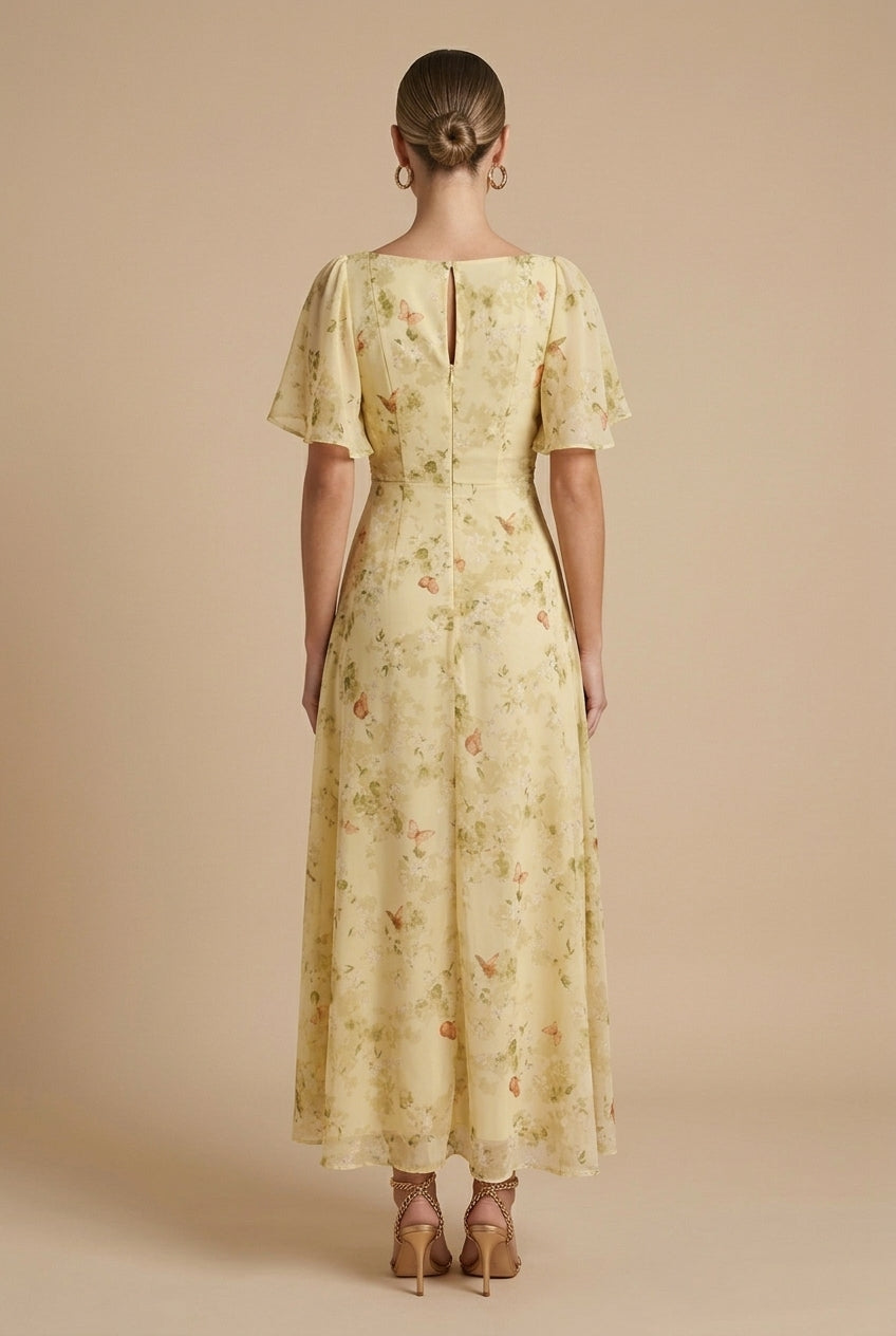 Women's Floral Maxi Dress Square Neck Flutter Sleeve