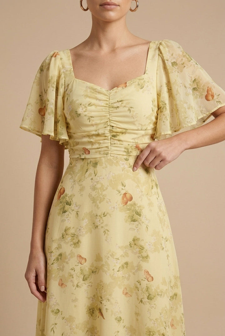 Women's Floral Maxi Dress Square Neck Flutter Sleeve