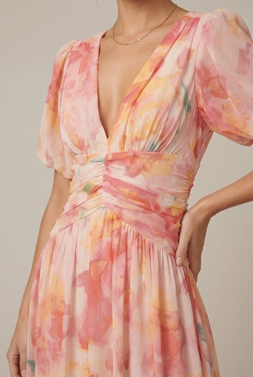 Women's Puff Sleeve Floral Print Maxi Dress - Deep V-Neck - Ruched Waist