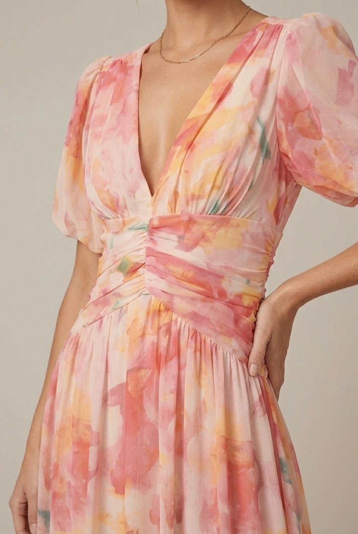 Women's Puff Sleeve Floral Print Maxi Dress - Deep V-Neck - Ruched Waist
