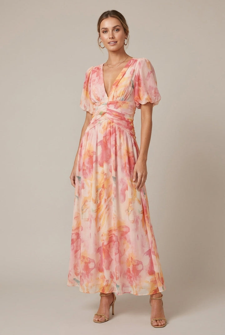 Women's Puff Sleeve Floral Print Maxi Dress - Deep V-Neck - Ruched Waist