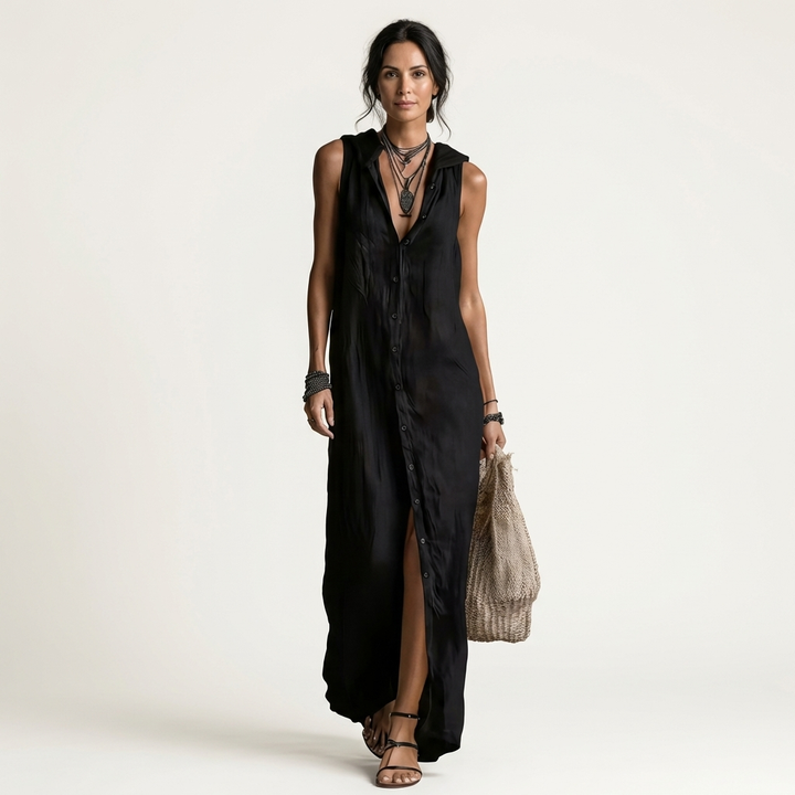 Mirabell | Hooded Button-Front Sleeveless Maxi Dress