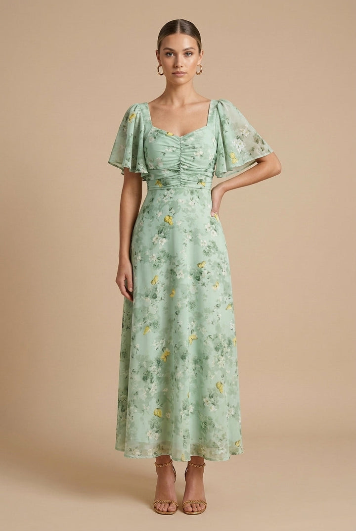Women's Floral Maxi Dress Square Neck Flutter Sleeve