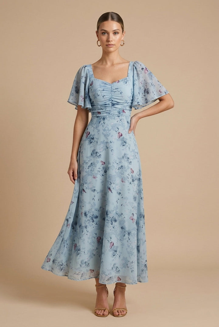 Women's Floral Maxi Dress Square Neck Flutter Sleeve