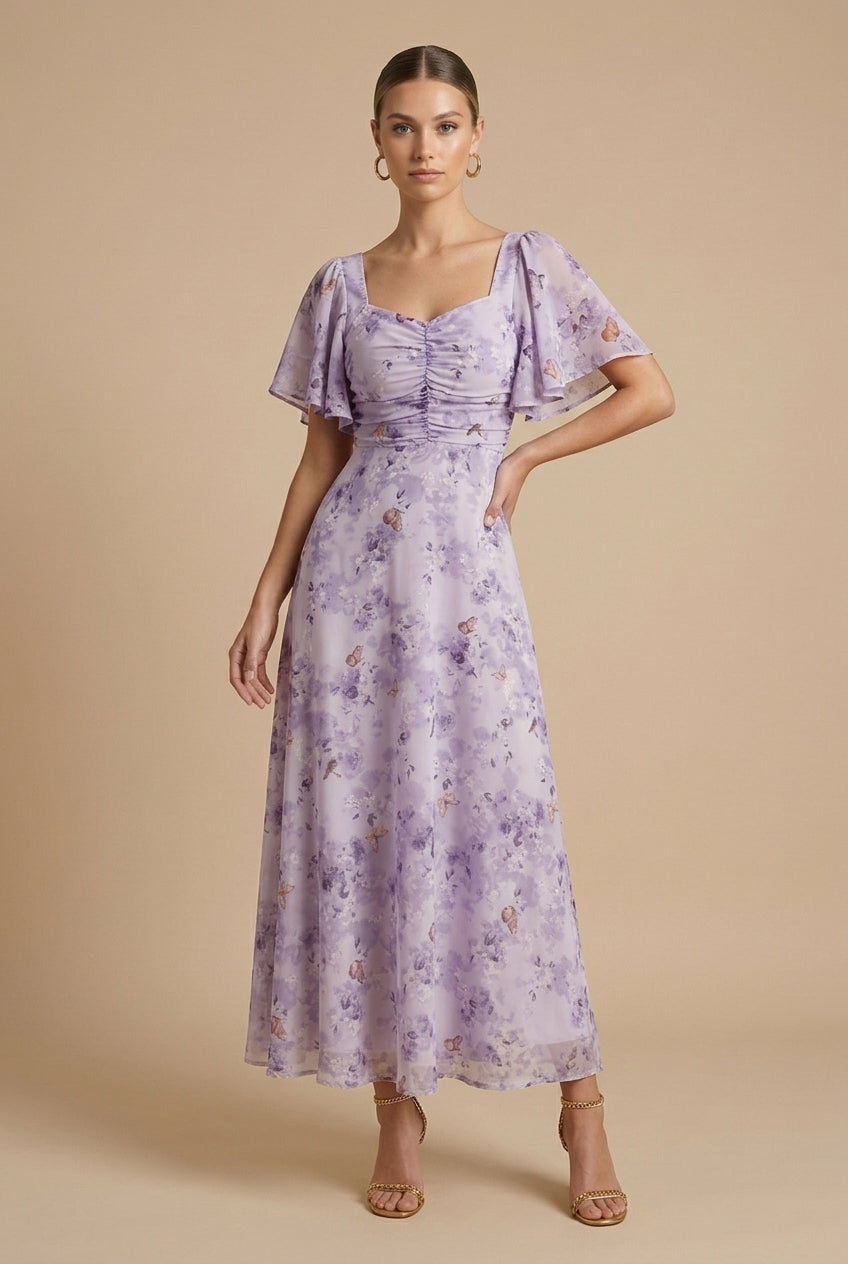 Women's Floral Maxi Dress Square Neck Flutter Sleeve