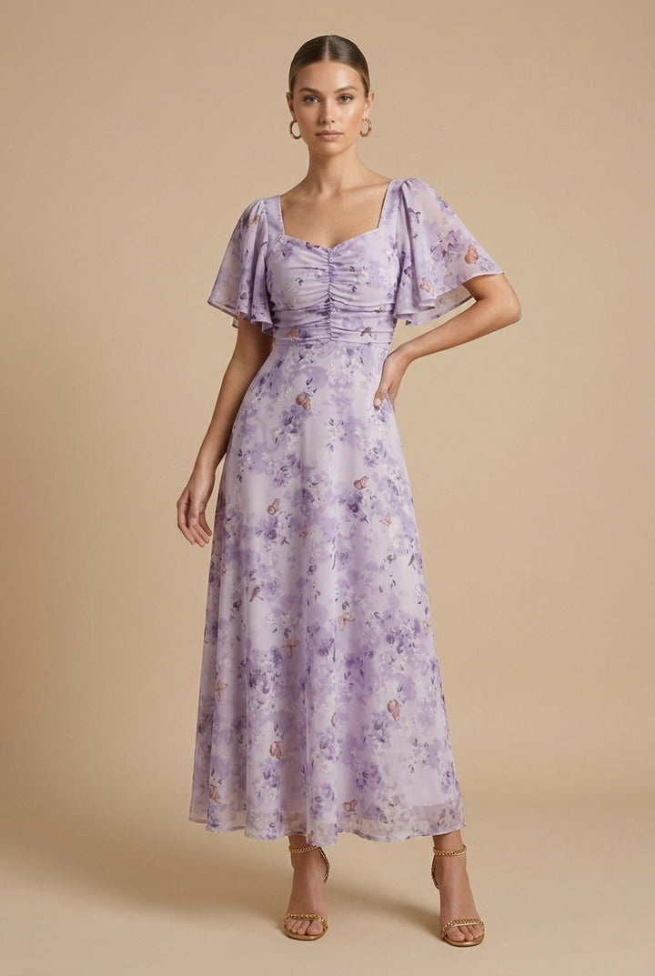 Women's Floral Maxi Dress Square Neck Flutter Sleeve